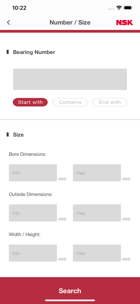 The search screen of the NSK Online Catalog app allowing users to search bearings by part number or specific dimensions including bore and outside diameter.