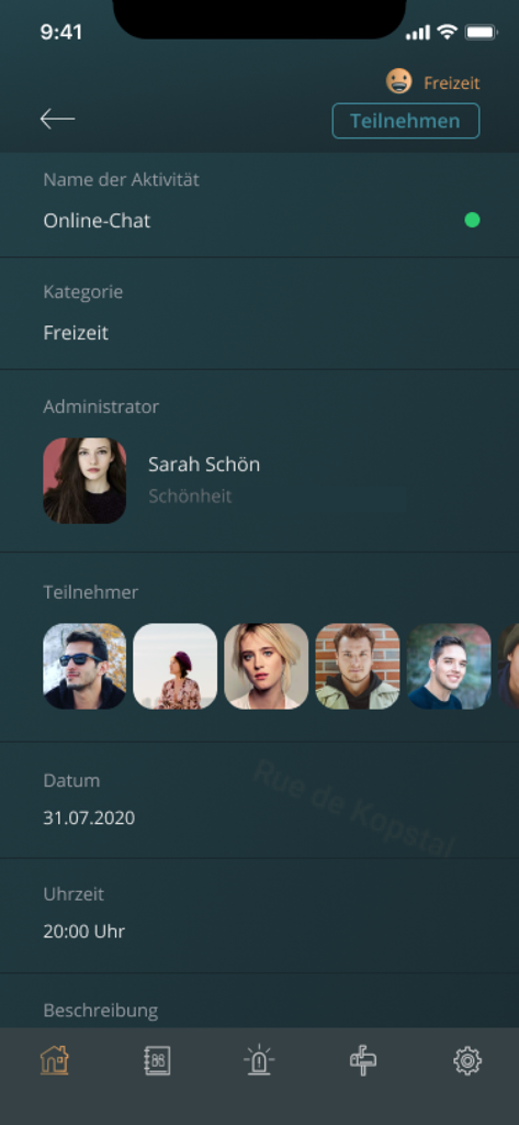 Closer App - Pantalla de la App Closer mostrando detalles de eventos sociales, perfiles de participantes e íconos de navegación de seguridad