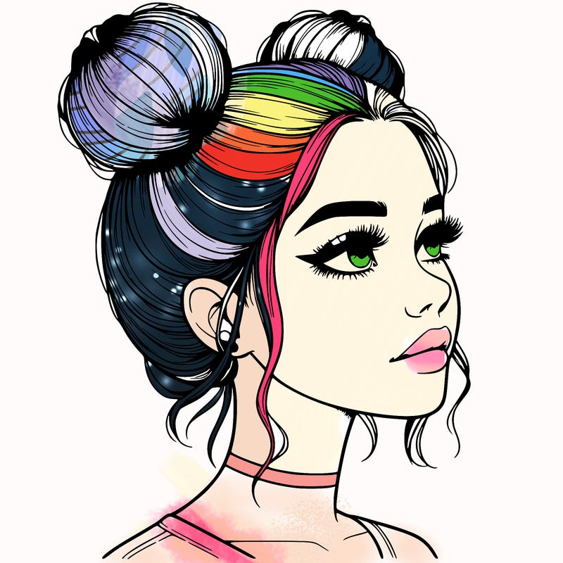 realistic girl with buns on the top of her head