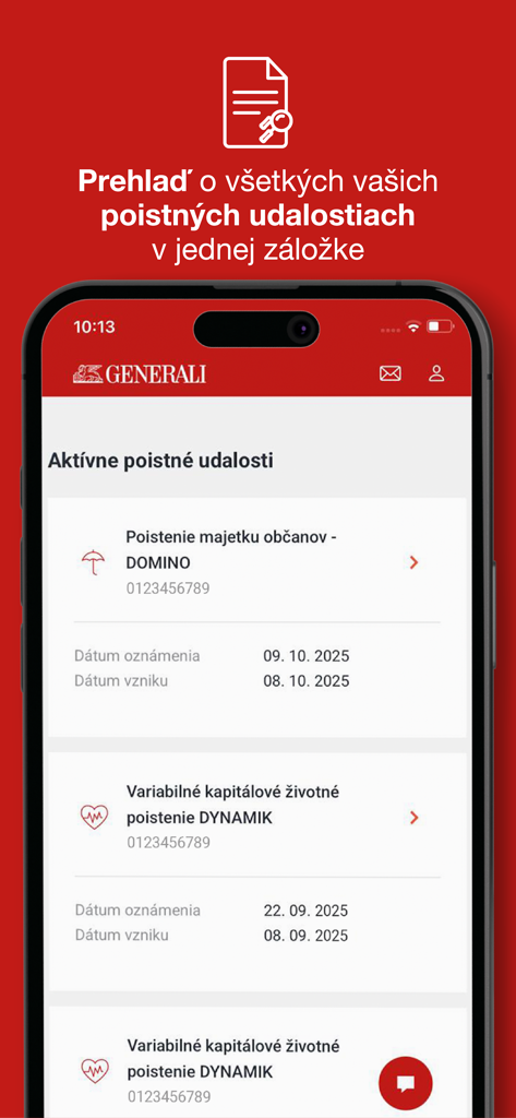 Moja Generali - Moja Generali mobile app screen displaying active insurance claims for property and life insurance