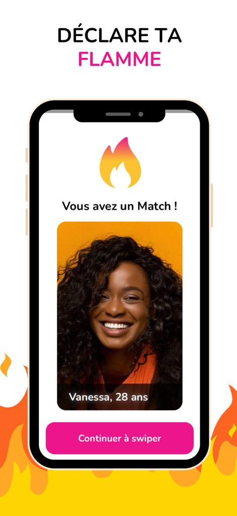 NousDeux - App de rencontre - A mobile screen from the NousDeux app showing a match notification with the profile of a woman named Vanessa and the text Vous avez un Match.