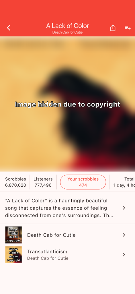 Finale for Last.fm - Track details page in the Finale for Last.fm app showing listening statistics for a song by Death Cab for Cutie