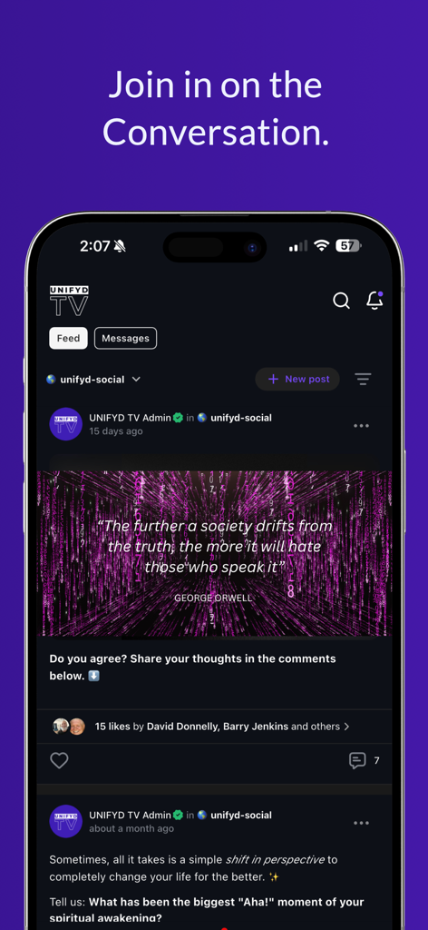 UNIFYD TV - UNIFYD TV app community feed screen with a social post and engagement options