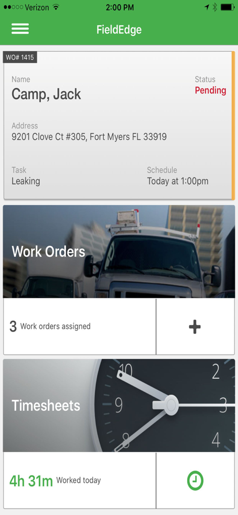 FieldEdge mobile app dashboard showing a pending work order for a leak repair and daily timesheet hours