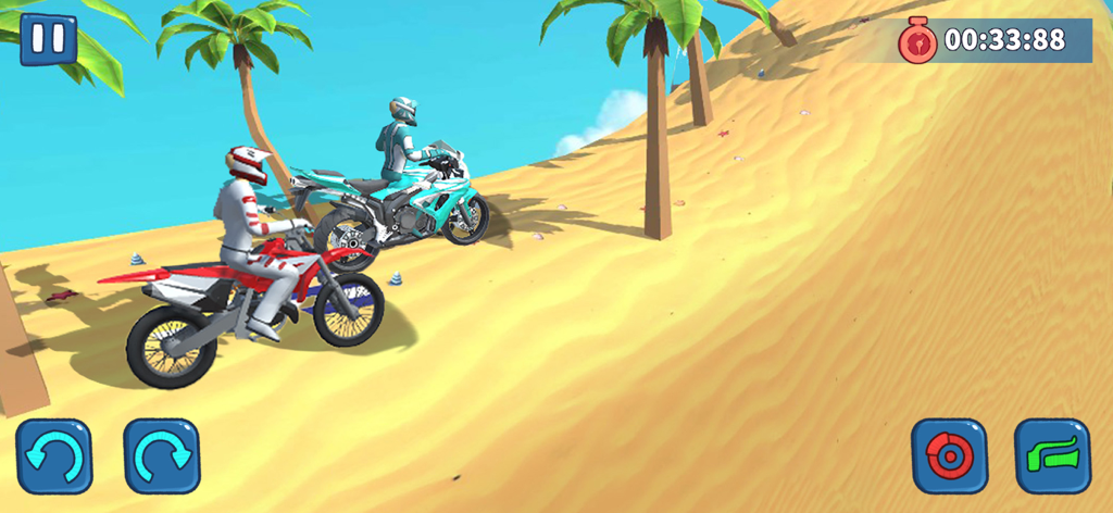Motocross Bike Racing Game - Dos pilotos de motocross compitiendo en una pista de playa arenosa con palmeras
