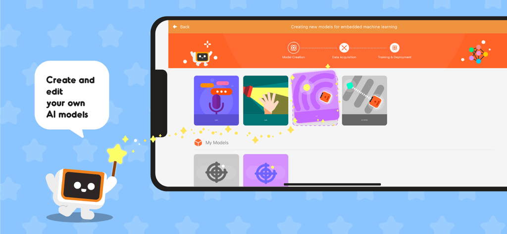 MatataCode(VinciBot) - Interfaz de la aplicación MatataCode que muestra los pasos para crear y editar modelos de IA para VinciBot.