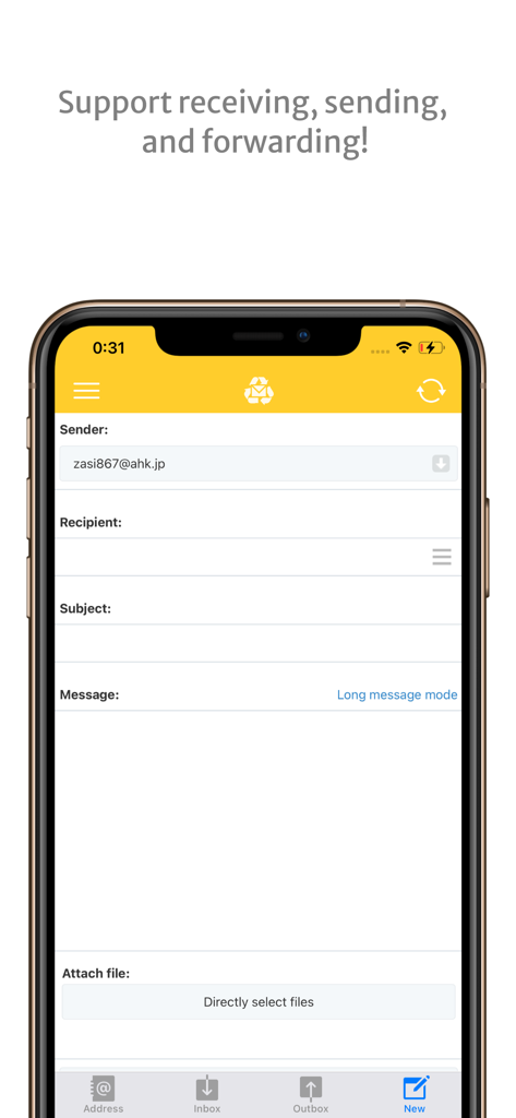 A mobile screen showing the compose email interface of the InstAddr app for sending and forwarding messages.
