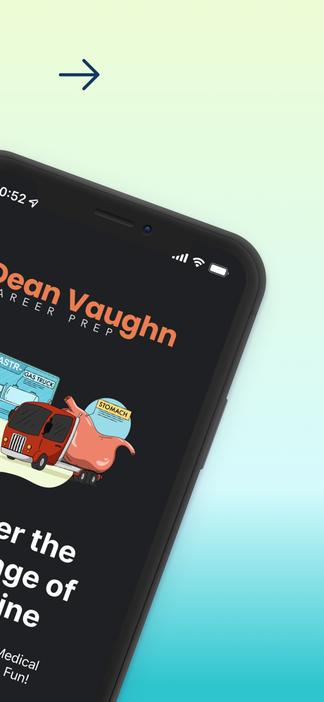 Tela do aplicativo DeanVaughn Medical Terminology mostrando um flashcard com imagem mnemônica para a raiz médica Gastr.