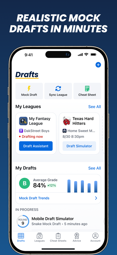 The main dashboard of the Fantasy Football Draft Wizard app showing mock draft options and league stats