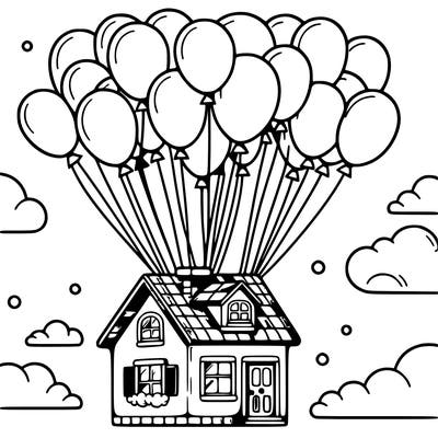 house floating from lots of balloons