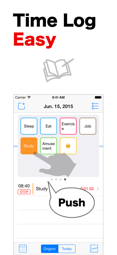 LogCalendar app interface showing one-tap buttons to start tracking activities like study and exercise