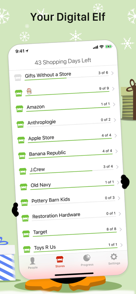 The Christmas List - Smartphone interface of The Christmas List app displaying holiday shopping progress and countdown by store.