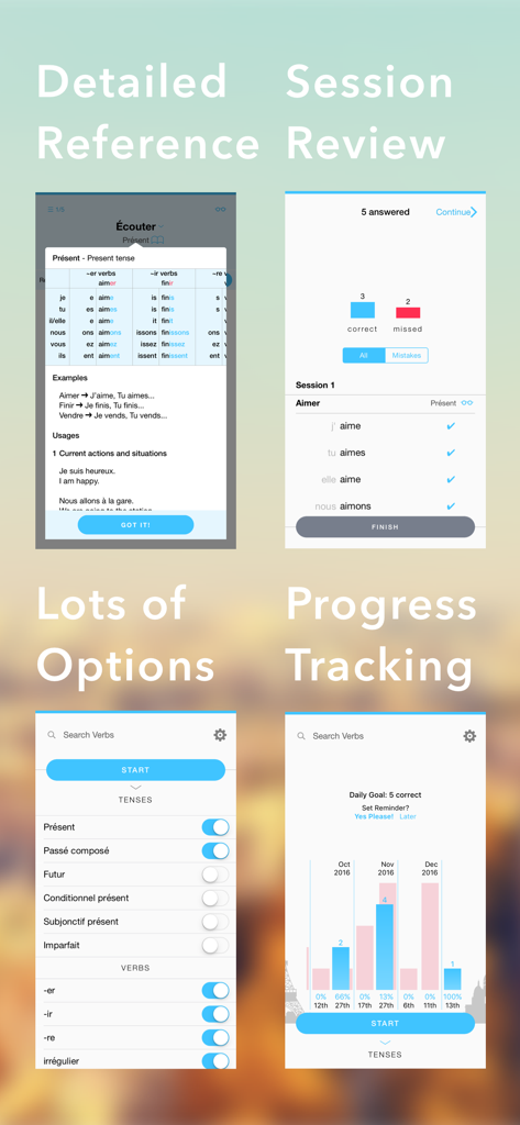 Conjuu - French Full Edition - Screenshots of Conjuu French Full Edition showing verb conjugation reference, session review, customization options, and progress tracking charts.