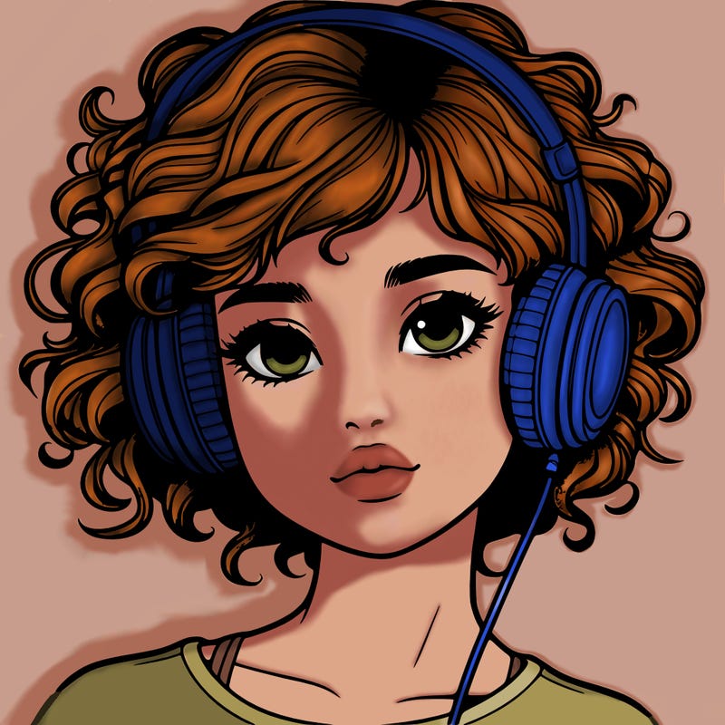 realistic girl with short curly hair wearing headphones