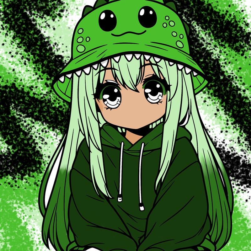 girl with anime shaped eyes with a dinosaur bucket hat oversized sweatshirt long straight hair