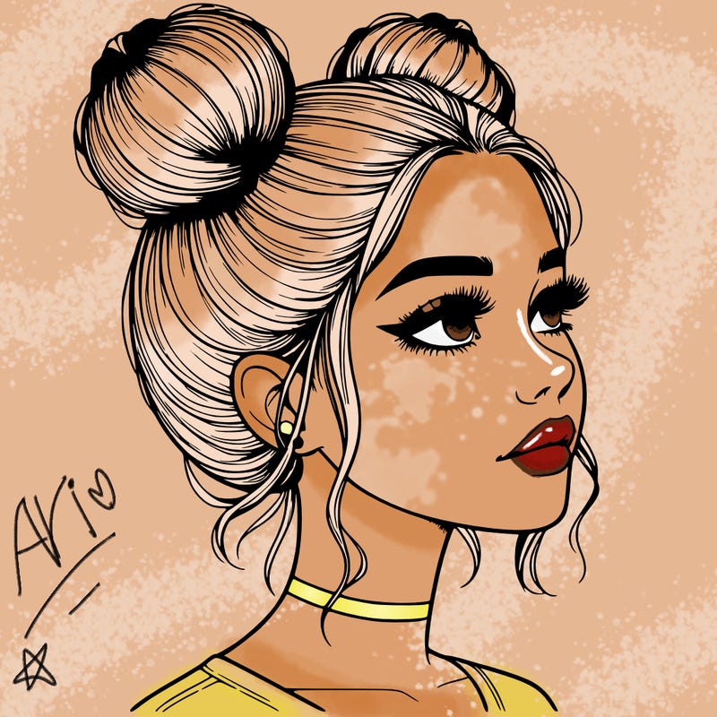 realistic girl with buns on the top of her head