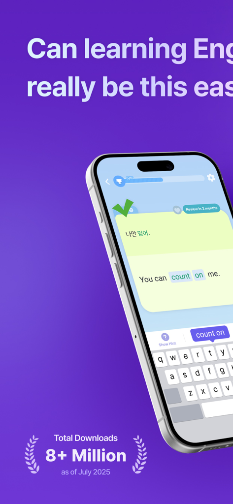 Epop: Learn Real-Life English - Écran mobile de l'application Epop affichant un exercice de traduction anglaise et soulignant plus de 8 millions de téléchargements
