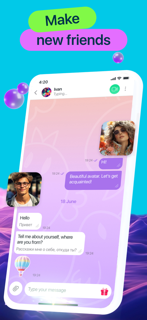 Video Chat - Mira - Interfaz de la aplicación Mira video chat que muestra una pantalla de mensajes con avatares IA y un encabezado de Haz nuevos amigos.
