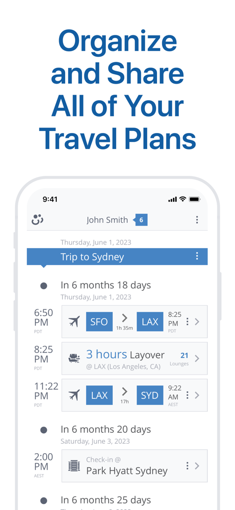 AwardWallet app screen showing a detailed travel itinerary with flight segments and hotel check in details