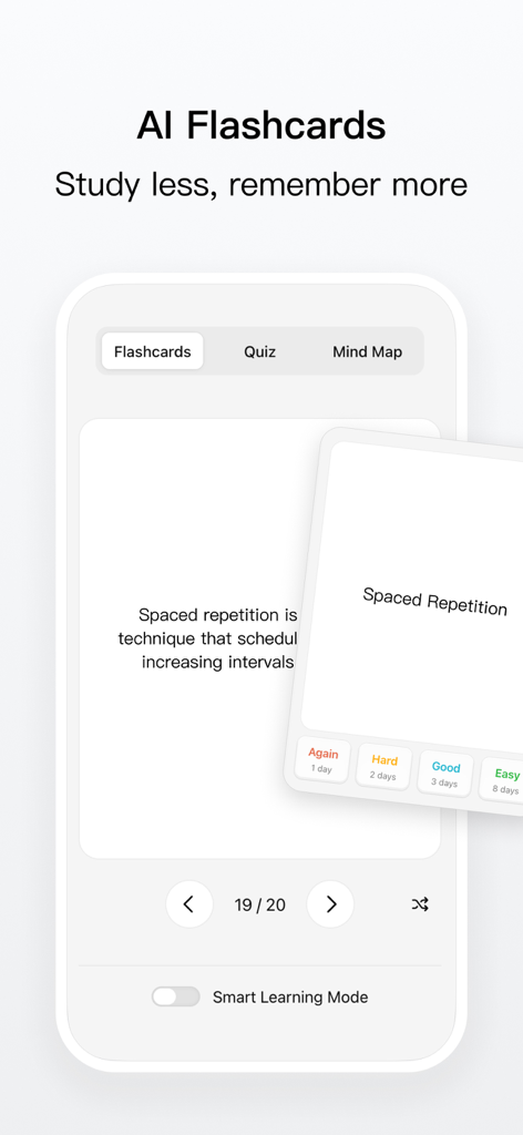 Keepmind app interface showing AI flashcards and spaced repetition study options