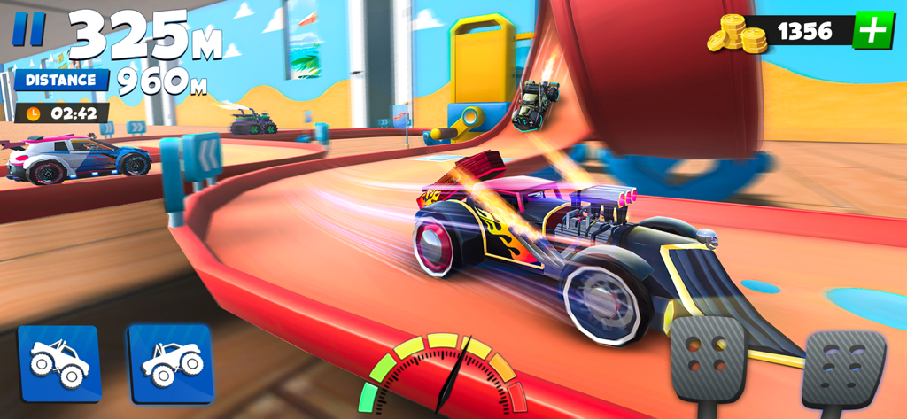 Um carro de corrida preto personalizado com chamas realizando acrobacias em uma pista de mesa em uma cozinha