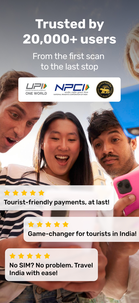 Three happy travelers using Mony UPI app in India with 5-star reviews and official payment trust badges