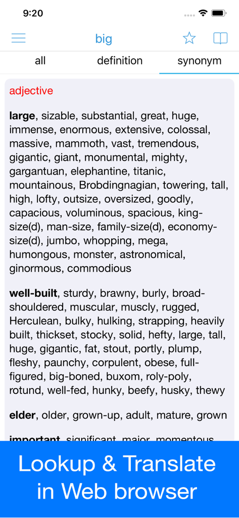 Thai Dictionary - Dict Box - Thai Dictionary app showing synonyms for the word big with web browser lookup feature