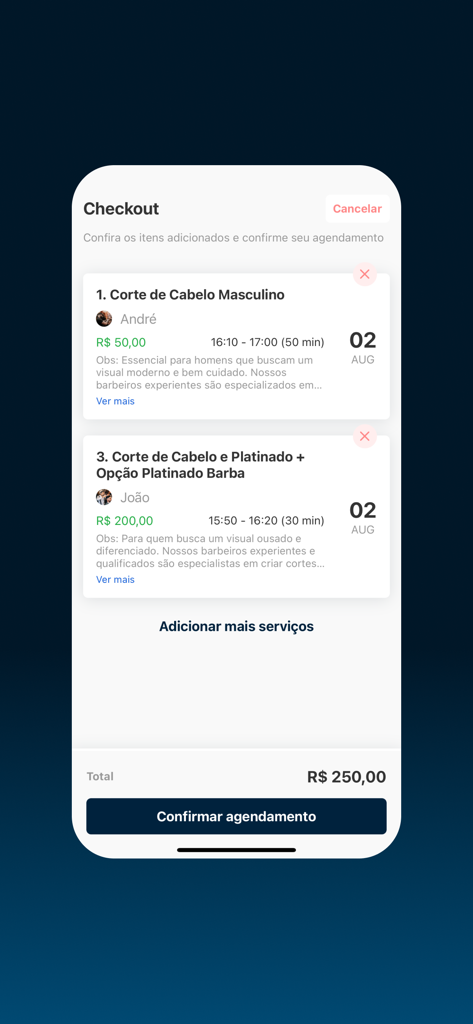 AppBarber: Cliente - AppBarber-App-Checkout-Oberfläche mit geplantem Haarschnitt und Bartservices mit Preisangabe und Termindetails