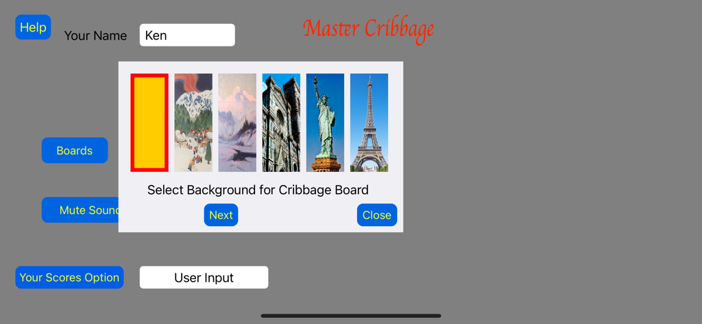 Interfaz de la aplicación Master Cribbage que muestra opciones para personalizar el fondo del tablero de juego con varias fotos y puntos de referencia