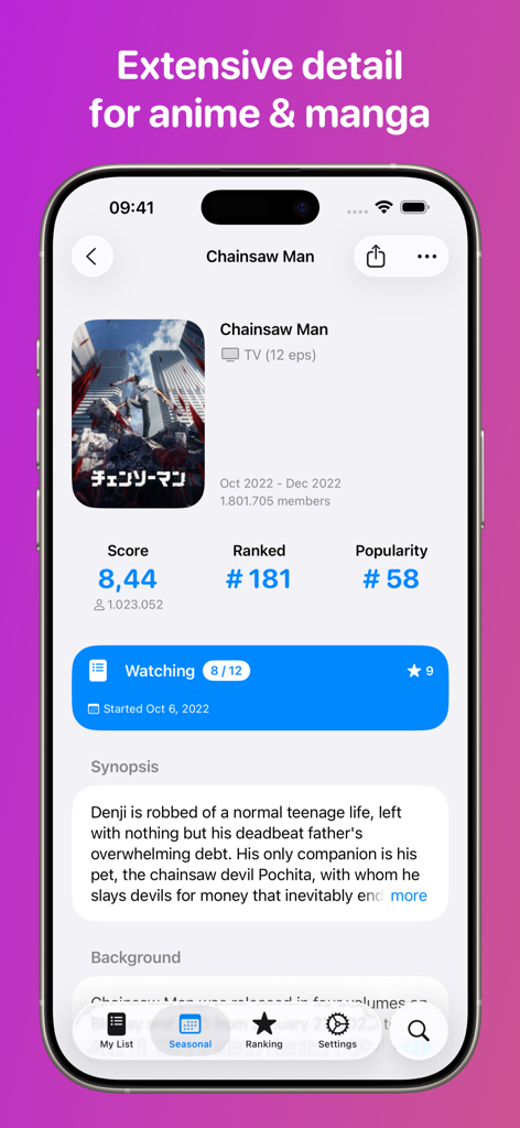 ManGo - Anime & Manga Tracker - Una pantalla detallada de información de anime en la aplicación ManGo mostrando puntuaciones, rankings y sinopsis