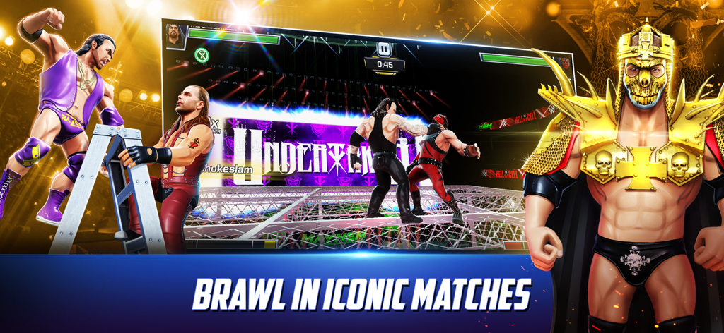 Actiongeladenes Gameplay von WWE Mayhem mit legendären Wrestlern wie The Undertaker und Triple H in einer stilisierten Arena