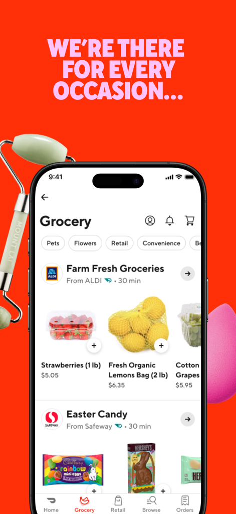 DoorDash: Food, Grocery, More - DoorDash App-Bildschirm mit Artikeln aus dem Lebensmittelladen wie frischem Obst und Osterbonbons für die Lieferung auf Abruf.