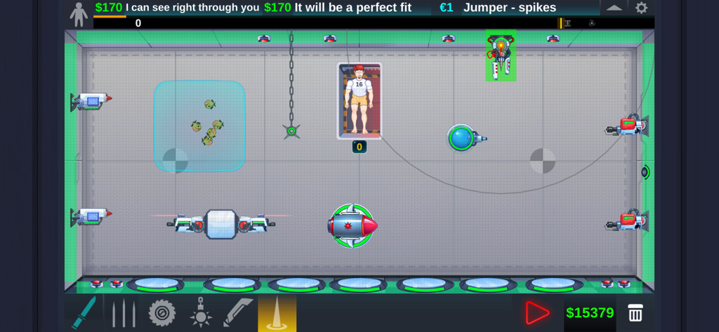 Happy Room - A laboratory room in Happy Room with various traps and weapons surrounding a robot test subject.