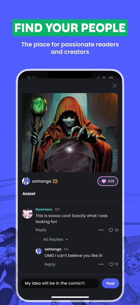 Captura de pantalla de la interfaz de la aplicación Storygrounds que muestra una publicación de la comunidad con comentarios de creadores y lectores
