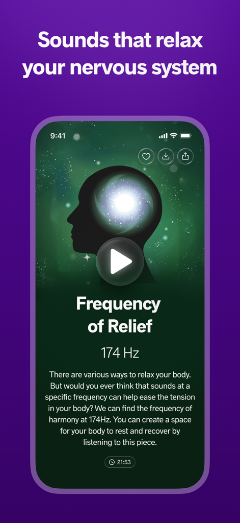 신경계 이완을 위한 '안도 주파수' 사운드 테라피 세션을 보여주는 Meditopia 앱 인터페이스.