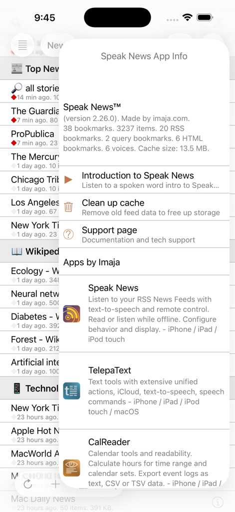 App info modal for Speak News showing version details and statistics