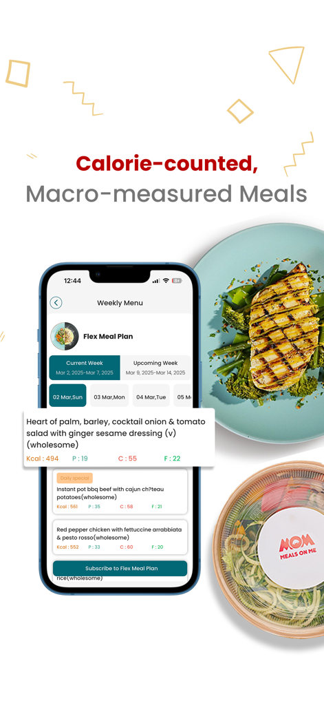Meals On Me - Uma tela de aplicativo móvel mostrando um menu semanal para refeições saudáveis com contagem de calorias e macros medidas