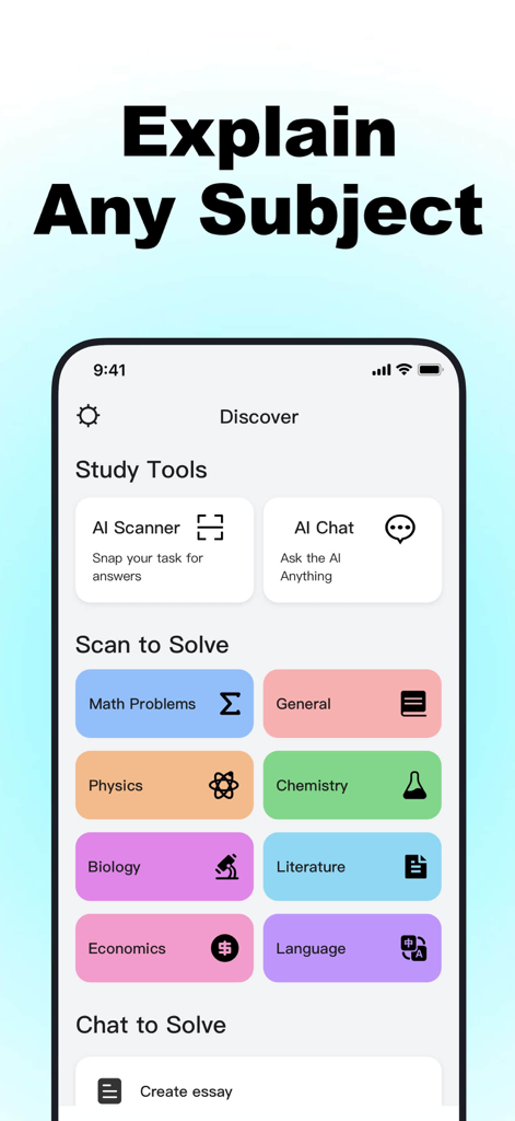 Quiz AI - AI Study Companion - Screenshot of Quiz AI app dashboard showing tools for scanning and solving math physics biology and chemistry problems