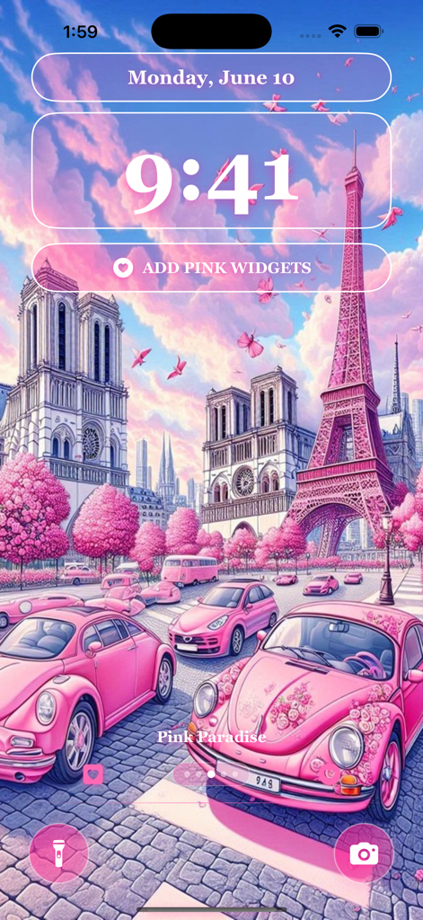 Pink aesthetic Paris wallpaper featuring vintage cars and the Eiffel Tower