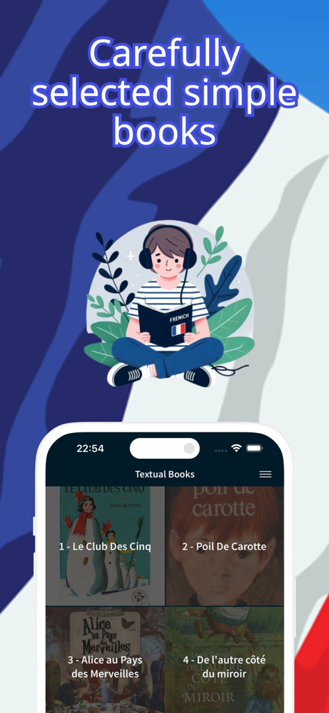 Mobile app interface displaying a collection of classic French books for language learners.