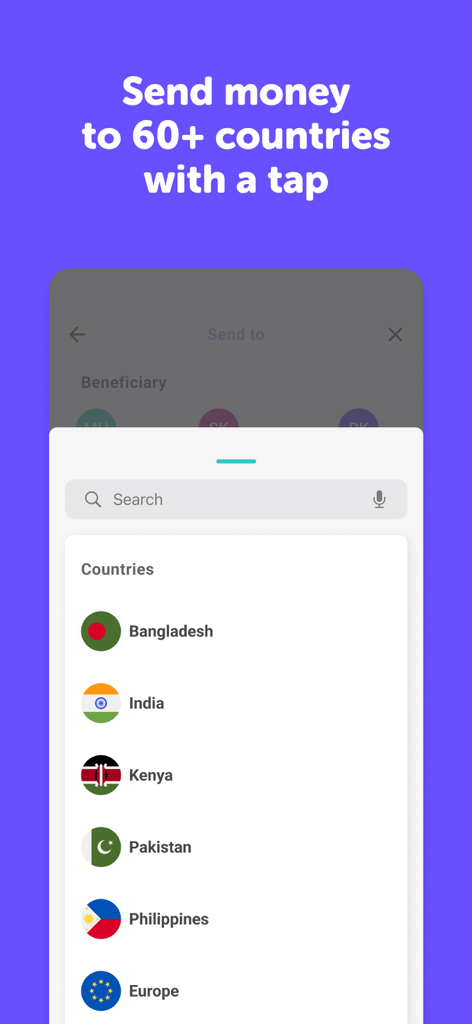 Pyypl app interface showing a list of countries for international money transfers