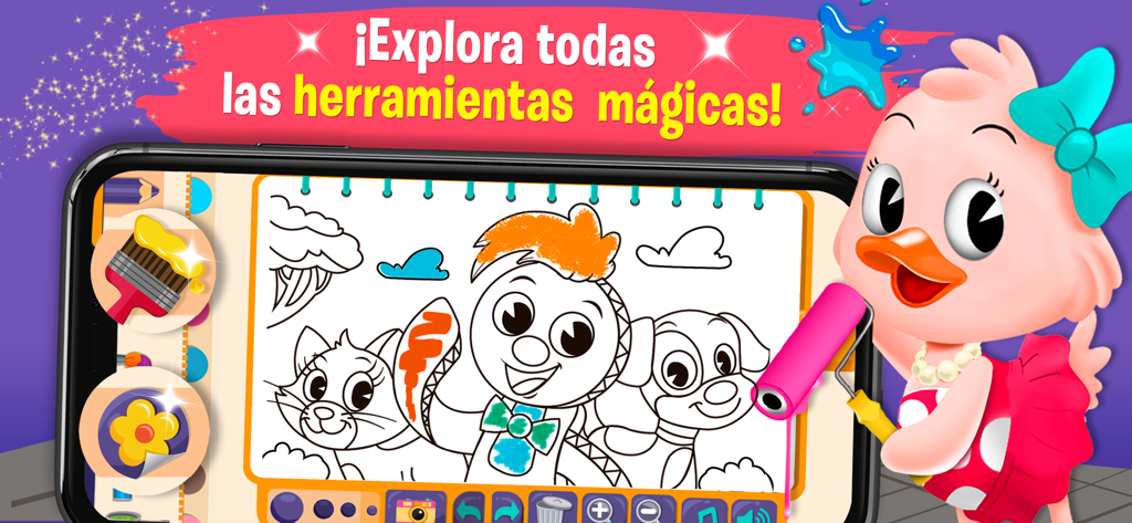 Dibujar y Colorear - Digital coloring page of Pin Pon with magic drawing tools in the Dibujar y Colorear app.