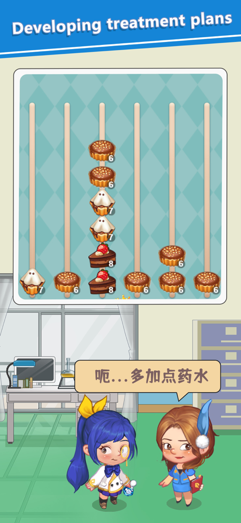 A cake sorting mini game for drug research featuring two cartoon doctors.