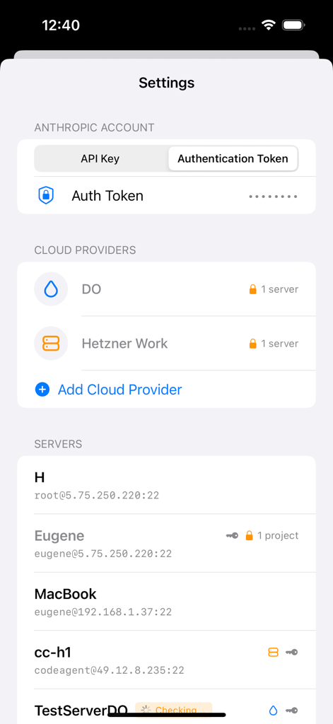 CodeAgents Mobile - Settings screen showing Anthropic account configuration and cloud server management in CodeAgents Mobile