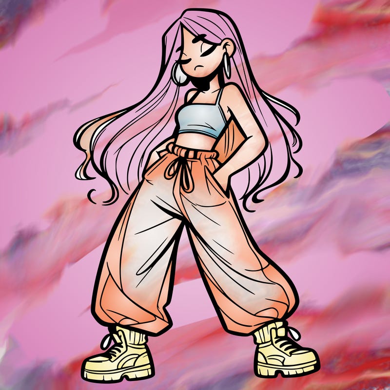 girl in baggy pants crop top and long hair