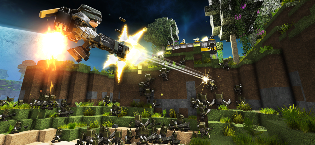 Block Fortress 2 - A blocky soldier using a jetpack and firing a heavy weapon at a swarm of robot enemies in a voxel world
