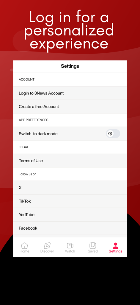 3News – Ghana News & Live TV - 3Newsアプリの設定メニュー。アカウントログインとダークモードオプションが表示されています。
