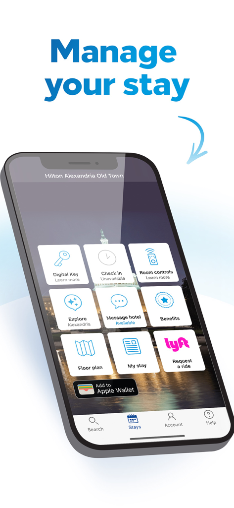 A interface do aplicativo Hilton Honors para gerenciar estadias em hotéis com opções para Chave Digital e controles de quarto