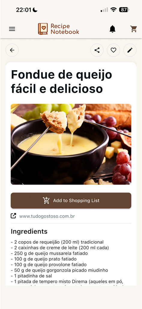 My Recipe Notebook - Detailed cheese fondue recipe page with ingredients and shopping list button in the My Recipe Notebook app