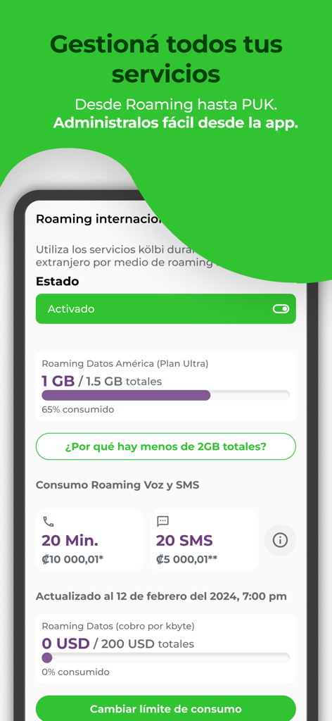 Interface de l'application mi kolbi pour la gestion de la consommation de données et de voix en itinérance internationale